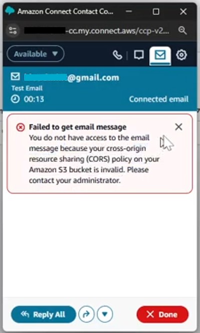 Diagram showing how to fix Amazon Connect failed to get email message error via S3 CORS policy